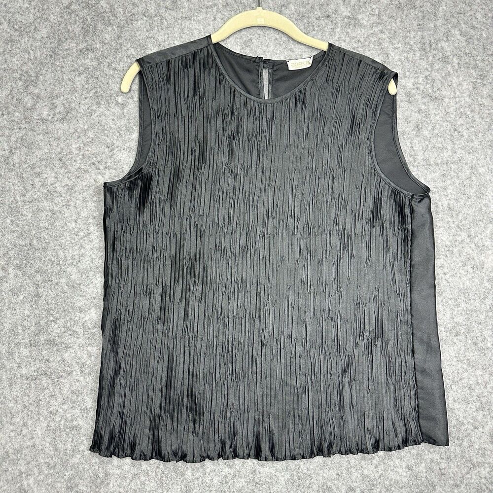 Vintage Escapades Satin Tank Top Womens Large Black Crinkle Minimal Career Work*